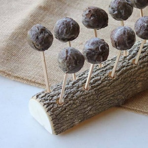 Cake Pop Holder, Rustic Log Party Cake Stand Display, Party Decor, Cakestand Rustic Bark, Burlap Table Centerpiece Treat Stand Organizer image 1