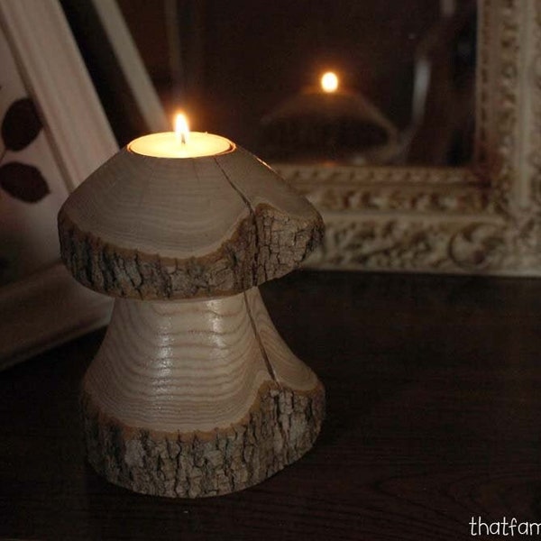Mushroom Candle Holder from a Log, Rustic Holiday Table Decor Tea Light Holder Natural Waldorf