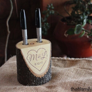 Personalized Wedding Gift Guest Book Alternative Custom Rustic Log Marker Holder Names Date Initials Pen Holder