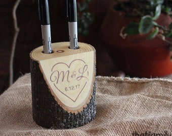 Personalized Wedding Gift Guest Book Alternative Custom Rustic Log Marker Holder Names Date Initials Pen Holder