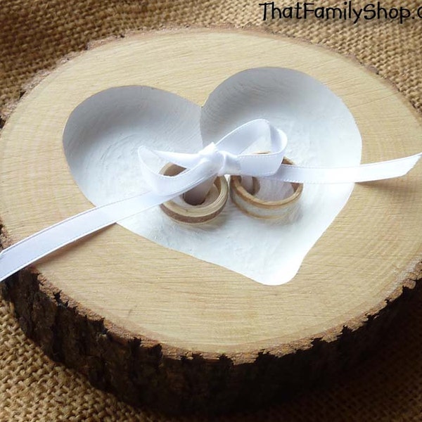 Wood Heart Ring Bearer Pillow Log with Ribbon Tie-Down, Rustic Dish Wedding Engraved