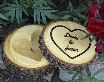 Rustic Jewelry Box Log with Hollowed Heart, Ring Bearer Pillow Dish with Lid Custom Personalization