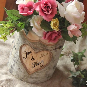 Custom Personalized Rustic Wedding Log Flower Pot Vase with Names Date Initials Personalized Wood Bark Hearts