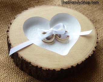 Wood Heart Ring Bearer Pillow Log with Ribbon Tie-Down, Rustic Dish Wedding Engraved