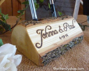 Log Guest Book Pen Holder with Custom Names or Initials, Personalized Rustic Wedding, Table Decor, Desk Organizer, Office Gift Idea