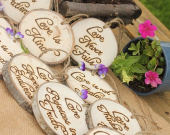 Set of TEN Corinthians Decorations 'Love is Patient, Love is Kind', 1.Cor.13: Rustic Wedding Aisle Tokens Aspen Log Slices