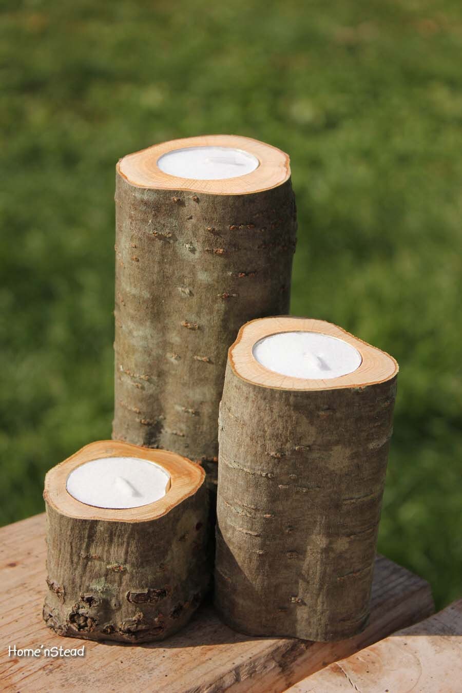 Set di 3 portacandele in legno a colonna, portacandele rustici