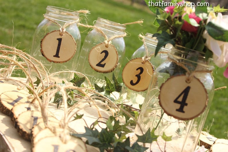 Wedding Table Number Tokens Plaques, Mason Jar Numbers Decor Rustic Table Seating Display image 1