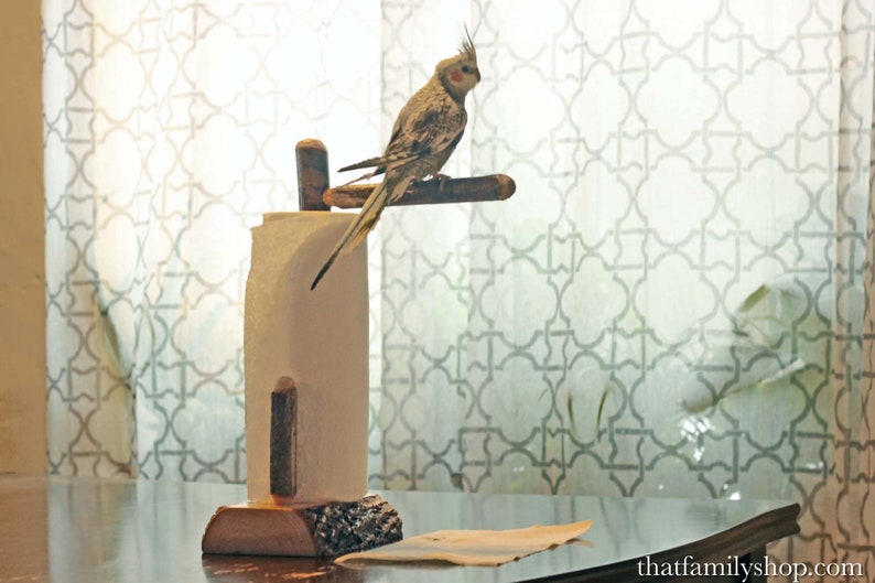 The Poopy Perch Paper Towel Holder and Pet Bird Trainer, Parrot Perch Toy Kitchen Organizer, Made from Natural Wood image 3