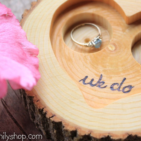 Rustic 'We Do' Custom Log Ring Bearer "Pillow" Dish, Initials Date Custom Wood Burning