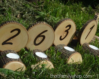 Candle-Lit Table Number Centerpiece Log Wood Bark Tea Light Rustic Wedding Numbers Candles Decor Combo