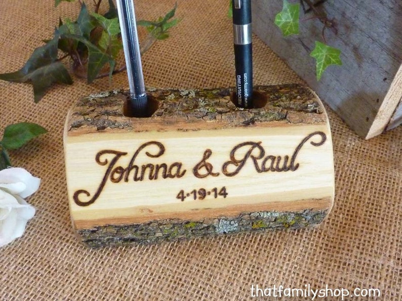 Log Guest Book Pen Holder with Custom Names or Initials, Personalized Rustic Wedding, Table Decor, Desk Organizer, Office Gift Idea image 3