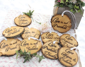 Love is Patient, Love is Kind, Set of Ten 1.Cor.13: Rustic Wedding Aisle Decorations Bible Scripture Verses