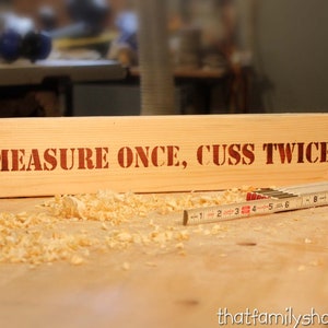 Measure Once, Cuss Twice Funny Woodshop Sign on a 2x4, Simple Manly Wood Shop Sign Plaque Gag Gift Idea for Woodworker, Gift for Him image 1