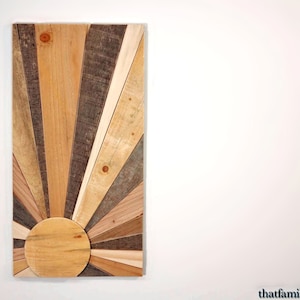 Vertikaler Sonnenuntergang Wandbehang aus recyceltem Palettenholz, handgefertigtes Schleiernholz Kunst Dekor, minimalistisches Wandbild aus Holz