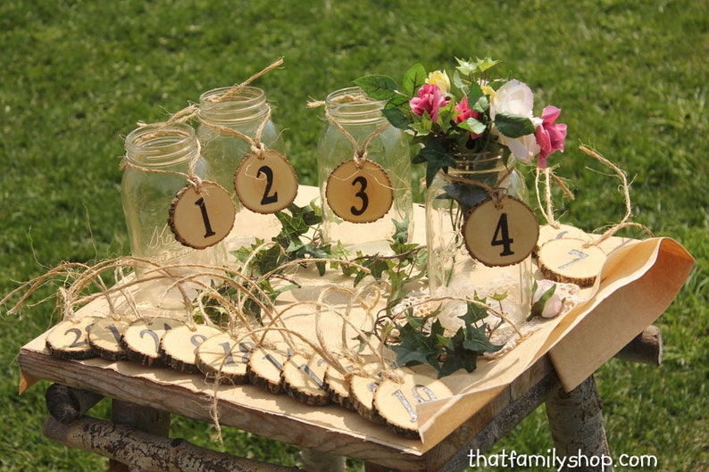 Wedding Table Number Tokens Plaques, Mason Jar Numbers Decor Rustic Table Seating Display image 5