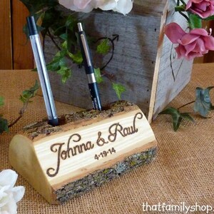 Log Guest Book Pen Holder with Custom Names or Initials, Personalized Rustic Wedding, Table Decor, Desk Organizer, Office Gift Idea image 2