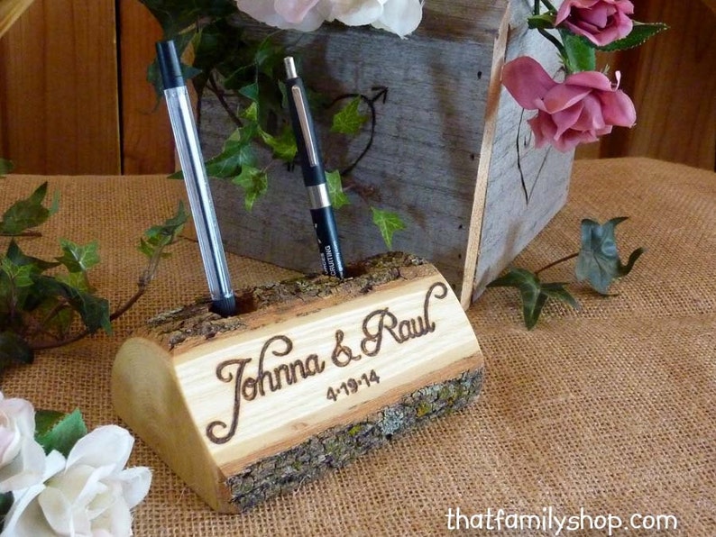Log Guest Book Pen Holder with Custom Names or Initials, Personalized Rustic Wedding, Table Decor, Desk Organizer, Office Gift Idea image 2