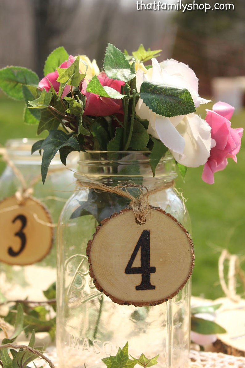 Wedding Table Number Tokens Plaques, Mason Jar Numbers Decor Rustic Table Seating Display image 3