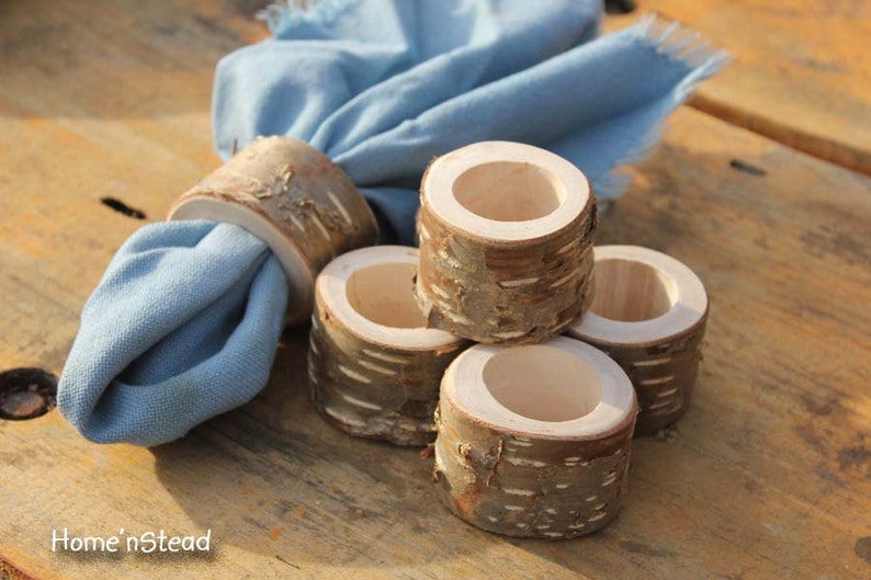 Rustic Napkin Birch Bark 6 pcs Ring Holders Wedding Decor Log Home Kitchen Party Favor Thanksgiving Table Set image 1