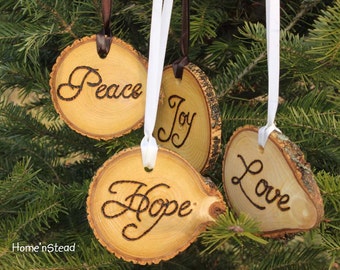 Rustic Country Christmas Ornament Set of 4 Hope, Love, Peace, Joy Primitive Holiday Home Decor Tree