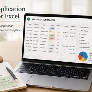Può includere: Un laptop mostra un tracker di candidature in Excel. Un blocco note, una penna e una tazza di caffè sono sulla scrivania. Il testo recita "Job Application Tracker Excel". Sul blocco note c'è la parola "Plan".