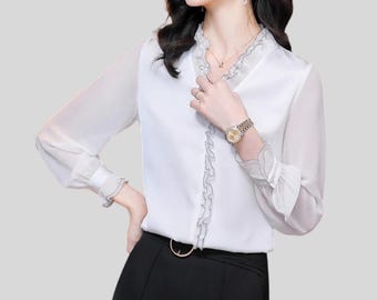 Elegante blusa coreana de gasa con volantes y escote en V.
