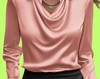 Elegante blusa de satén con escote en V – Top de seda de manga larga para mujer, ideal para la oficina y ocasiones informales.