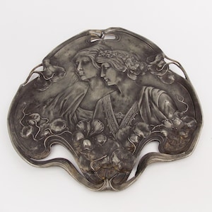 Antike 1910er Jugendstil WMF Zinn Silberplatte Kartentablett für ein junges Paar