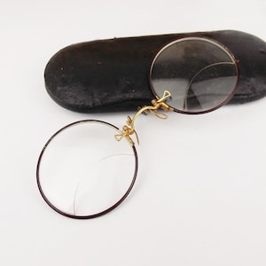 RARE Antique Pince Nez Eyeglasses Shades Golden Rim w Clear Lens Steampunk