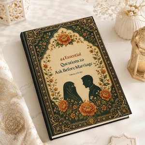 May include: A hardcover book titled "44 Essential Questions to Ask Before Marriage" with a decorative floral design in orange and green. The cover features silhouettes of a couple and ornate borders. The book is a volume for her.