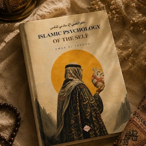 May include: A book titled Islamic Psychology of the Self by Omar Al Farooq with Arabic text at the top. The cover features an illustration of a person in traditional attire holding a heart-shaped object against a large yellow sun circle.