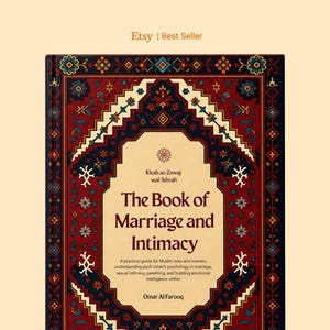 Pode incluir: Um livro de capa dura intitulado The Book of Marriage and Intimacy de Omar Al Farooq. A capa apresenta uma borda ornamentada em vermelho escuro e preto com padrões geométricos e florais. O painel central creme contém o título e subtítulo.