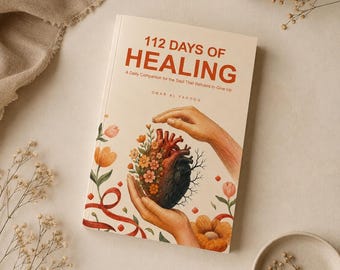 May include: A softcover book titled 112 Days of Healing by Omar Al Farooq. The cover features an illustration of two hands cradling a heart that is half-blooming with flowers and half-withered, surrounded by orange and red floral accents.