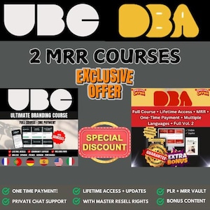 May include: A digital marketing course bundle with two courses, Ultimate Branding Course and Digital Business Academy. The courses offer lifetime access, updates, and master resell rights. The image also includes a special discount offer.