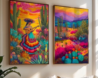 カラフルなメキシコのアートプリント、抽象的なメキシコの女性の絵画