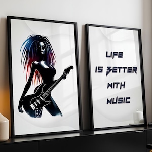 Black Woman Wall Art Digital Print, Black Woman with Locs Boho Wall Art, Trendy Black Girl Music Wall Art Set of 2, Black Culture Wall Art
