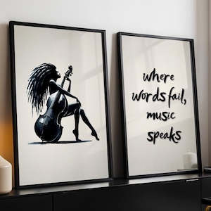 Black Woman Wall Art Digital Print, Black Woman with Locs Boho Wall Art, Trendy Black Girl Music Wall Art Set of 2, Black Culture Wall Art