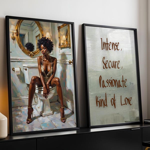 Black Woman Bathroom Wall Art, Afrocentric Digital Art, Luxury Black Girl Art Set Of 2, Sensual African American Art, Black Owned Artwork