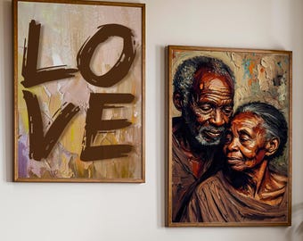 Black Couple Wall Art Printable, Afrocentric Art Digital Print, Black Love Art Set of 2, Old Black People Art, African American Art Download