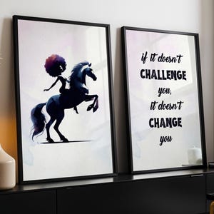 Schwarze Mädchen Wand Kunst Set 2 druckbare, schwarze Frau auf Pferd Druck, schwarze Frau Wand Kunst Druck, afroamerikanische Frau Kunst digitaler Download