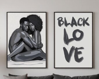 Sensual Black Couple Wall Art, Afrocentric Art Digital Print, Black Love Art Set of 2, Black White African American Art, Black People Art