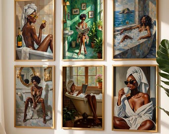 Black Woman Bathroom Wall Art Set of 6, Reading in the Bath Print, Sensual African American, Luxury Black Girl Poster, Afrocentric Artwork
