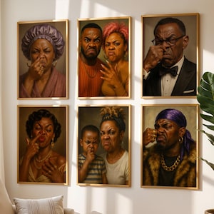 May include: Six framed portraits depicting expressions of disgust. The portraits are in gold frames and hang on a white wall. The subjects are of various ages and genders, and are wearing different types of clothing.