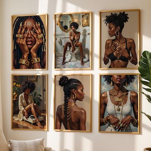 Black Girl Digital Wall Art Set of 6, African American Woman Art, Luxury Black Woman Wall Art Print, Black Culture Art, Afrocentric Wall Art