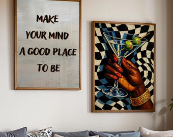 Bar Cart Print, Black Girl Wall Art Set of 2, Afrocentric Art, Retro Martini Print, Black Woman Art, African American Art, Digital Download