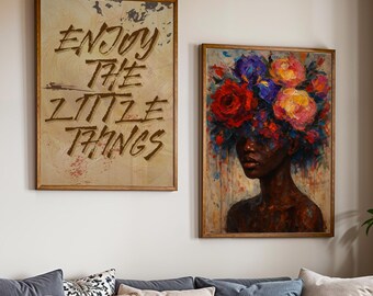 Arte de cabeza de flor de niña negra, arte mural de mujer negra (juego de 2), obra de arte afrocéntrica, arte afroamericano, impresión digital "Disfruta de las pequeñas cosas".