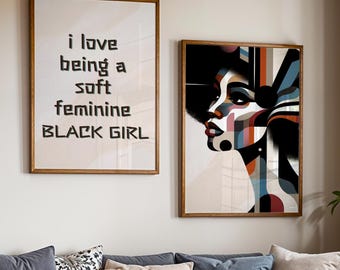 Black Woman Abstract Wall Art, Black Girl Art Set of 2, Afrocentric Art, Neutral Aesthetic Print, African American Art, Digital Download