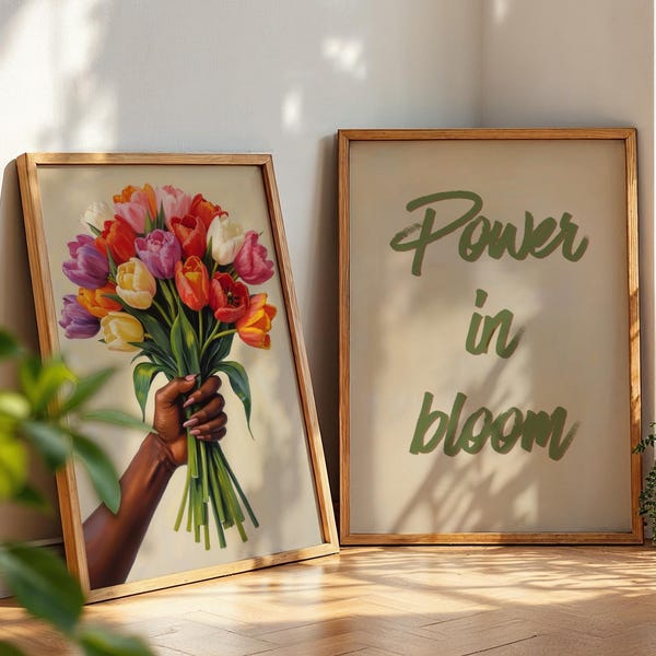 Black Girl Wall Art Set of 2, Power in Bloom Print, Black Woman Wall Art Print, Eclectic Wall Art Decor, Black Culture Art Digital Download