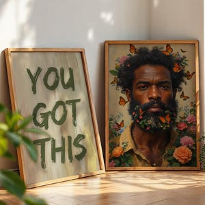 Schwarzer Mann Wandkunst Set mit 2 Drucken, Afroamerikanermann Kunst, schwarze Mann Porträtkunst, du hast dieses druckbare Poster, schwarzer Mann Blumenkopf